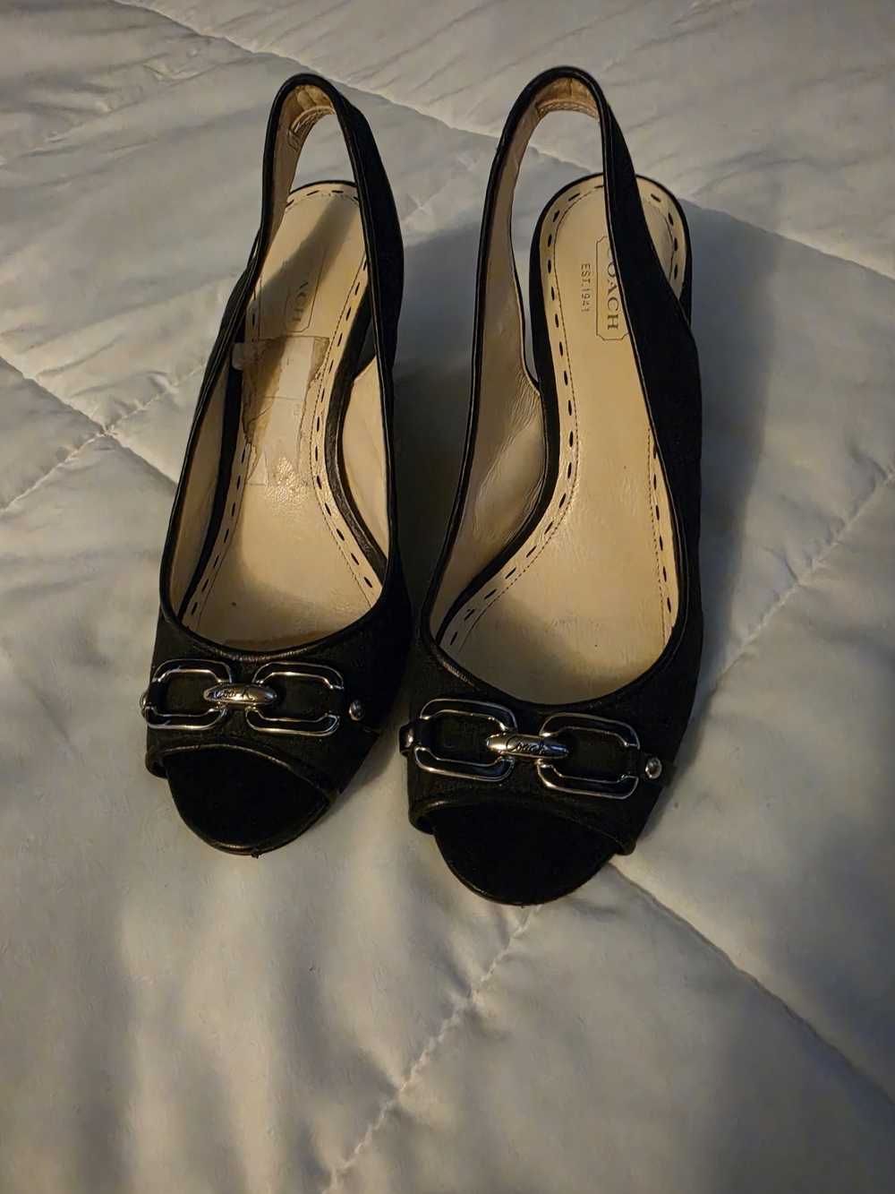 Coach Black Slingback Peep-Toe Heels with Chain Accent